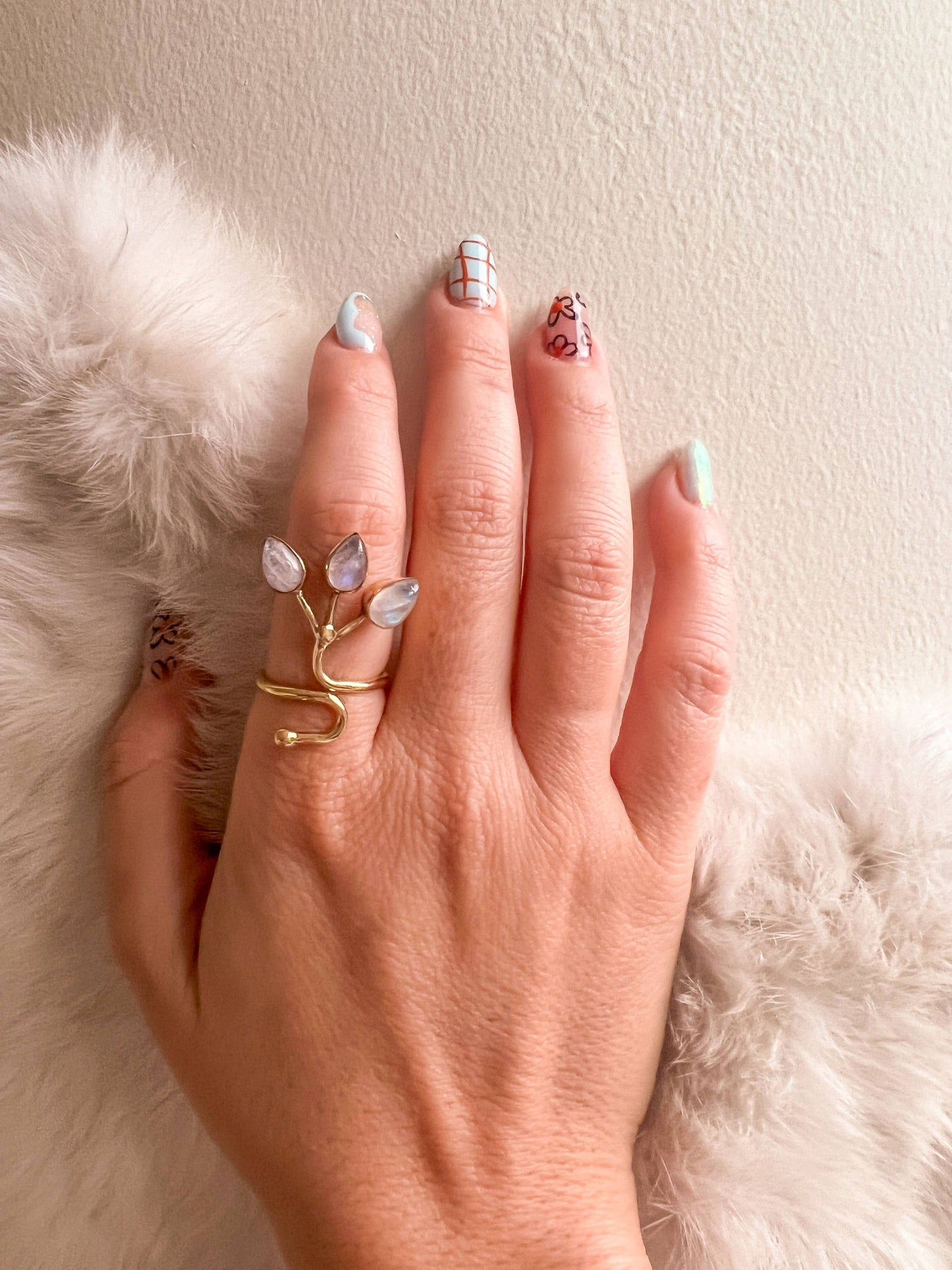 Adjustable Brass Triple Blossom Moonstone Ring