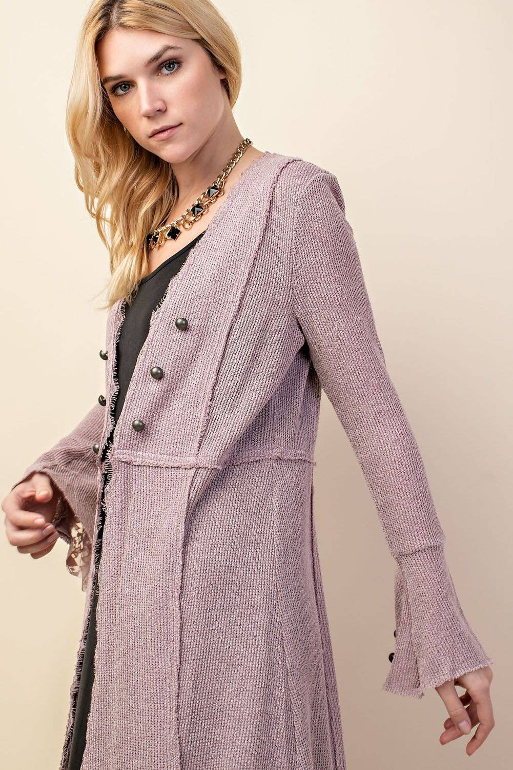 Knit Long Jacket / Cardigan With Buttons and Bell Sleeves, S-3X