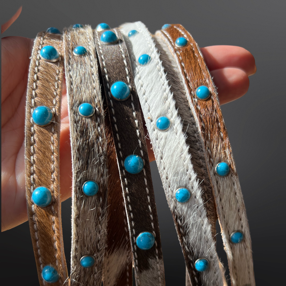 Western Cowhide Leather Turquoise Beaded Hat Band