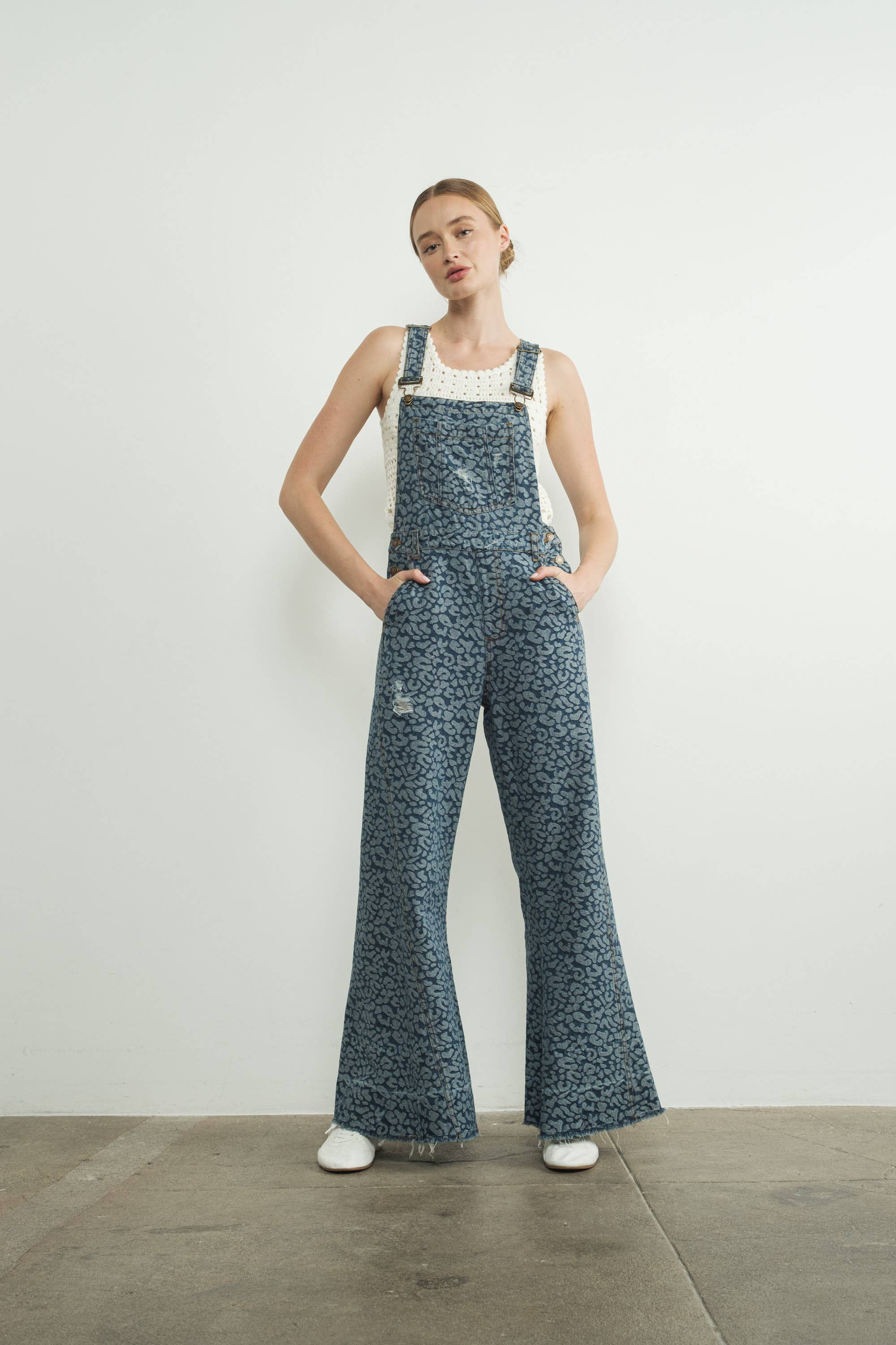 Animal Print Wide Leg Denim Overalls