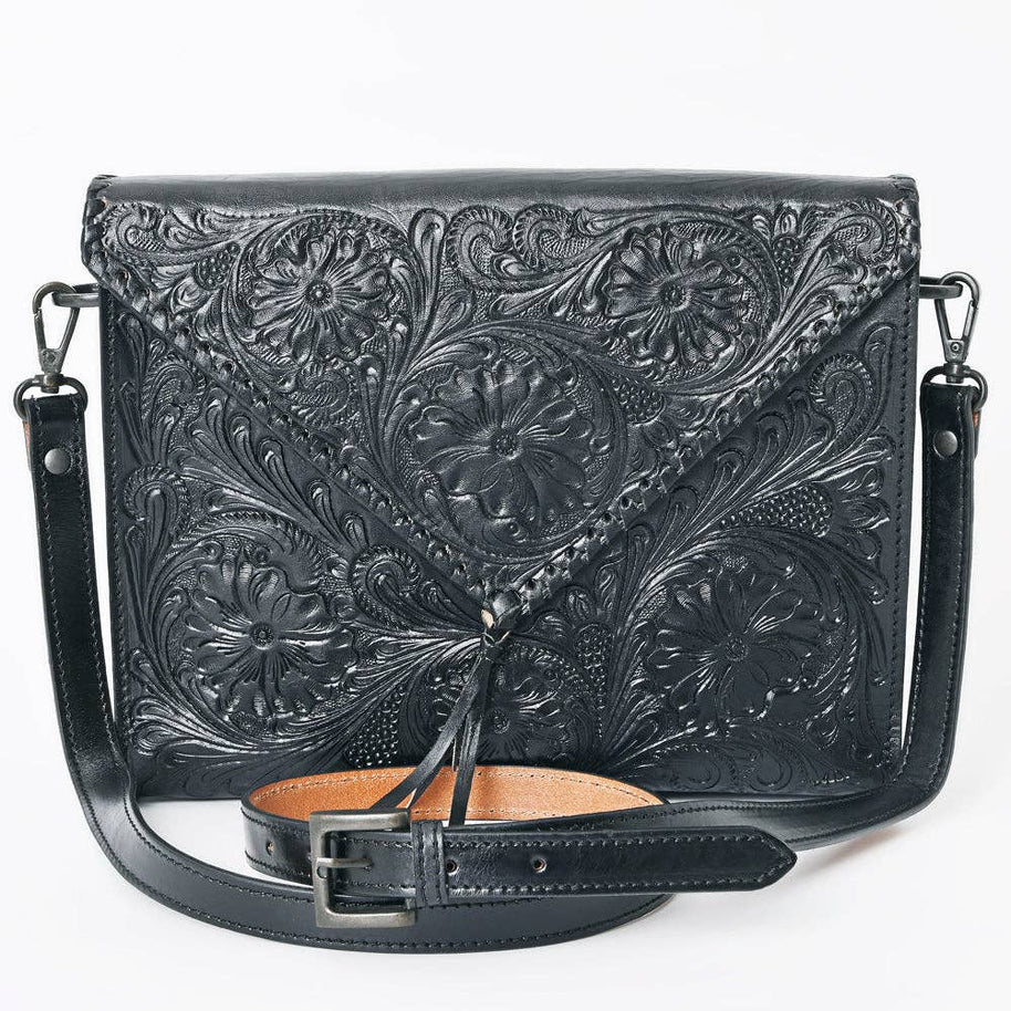 Embossed Leather Envelope Bag, Black
