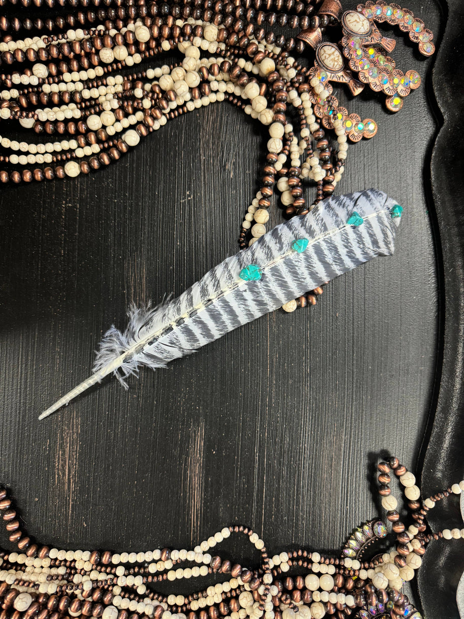 Turquoise Studded White Barred Turkey Feather