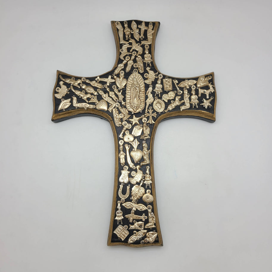 Black & Gold Wall Cross w/ Milagros