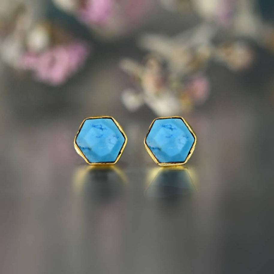 Semi Precious Hexagon Gemstone Studs (8mm gold)