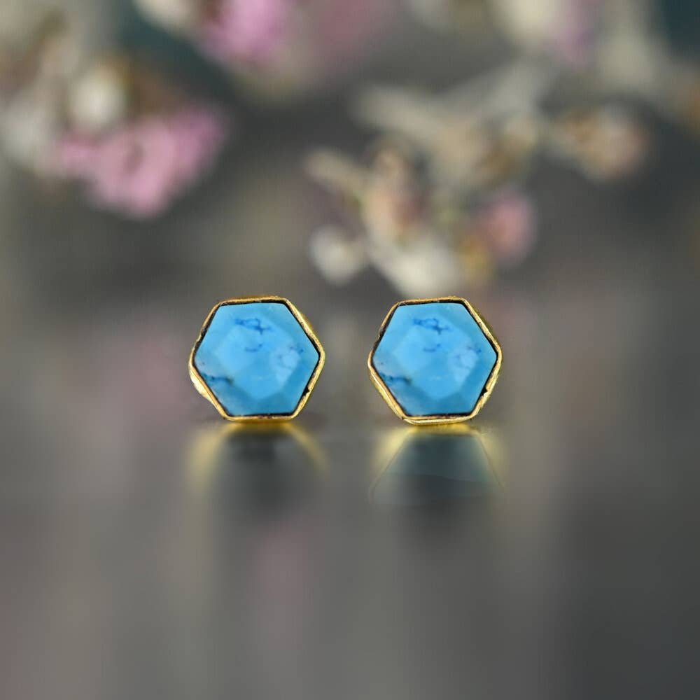 Semi Precious Hexagon Gemstone Studs (8mm gold)