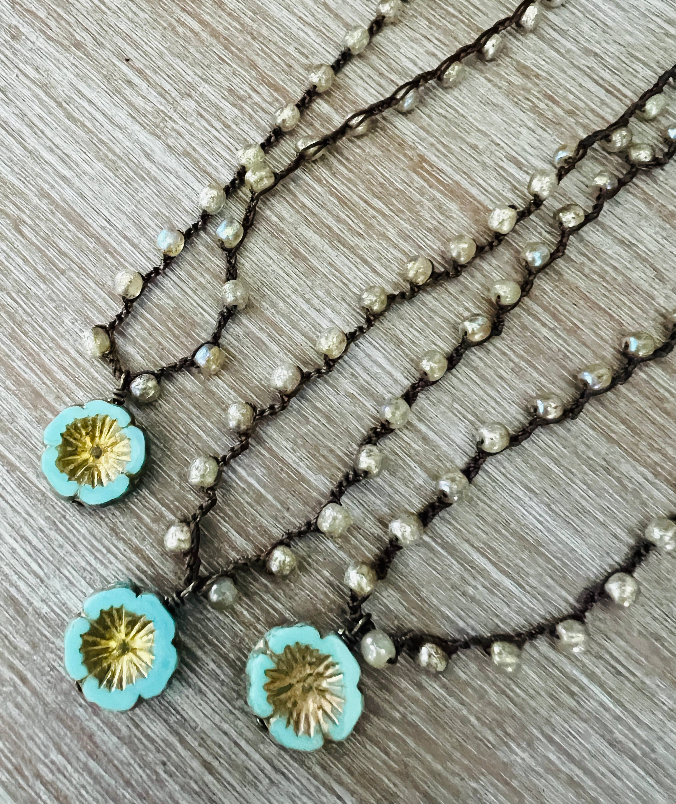 Golden Aqua Crystal Flower Crocheted Necklace