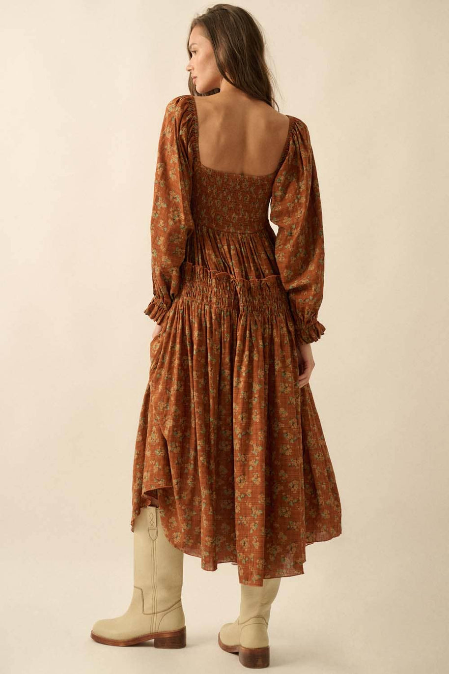 Smocked Floral Bubble-Sleeve Midi Dress, Caramel