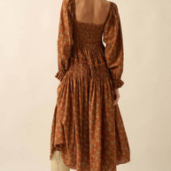 Smocked Floral Bubble-Sleeve Midi Dress, Caramel