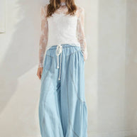 Chambray Denim Wide Palazzo Pants