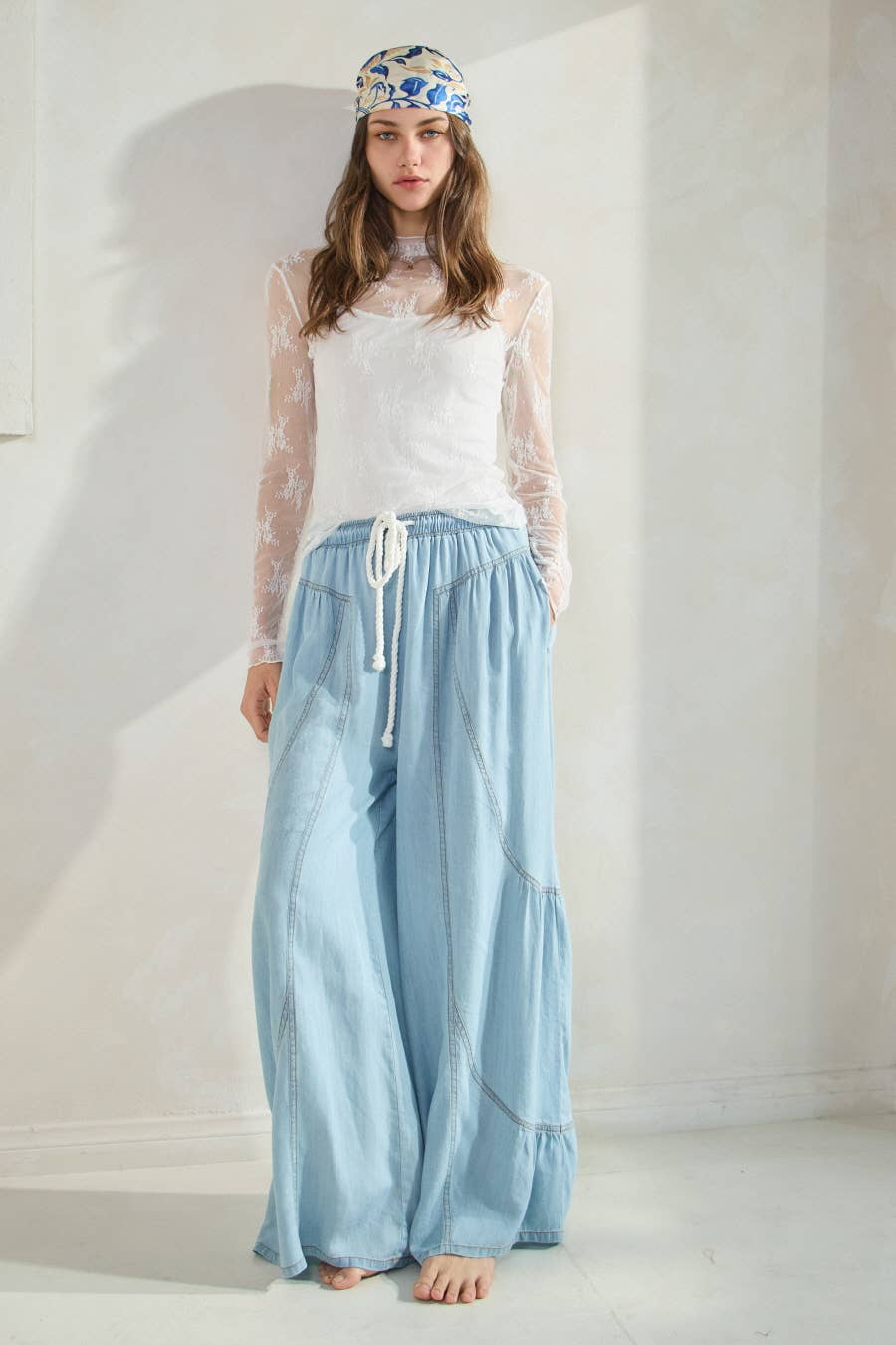 Chambray Denim Wide Palazzo Pants