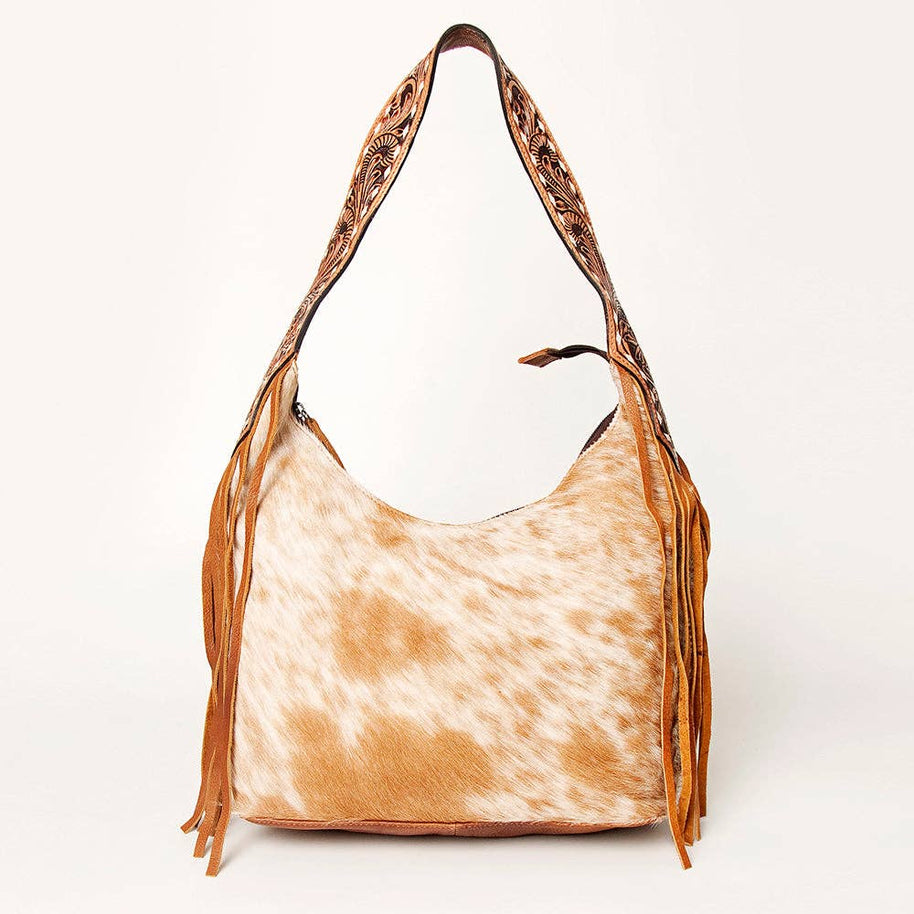 American Darling Hobo Bag Light Hair-On Hide with Tooled Leather Strap & Fringe