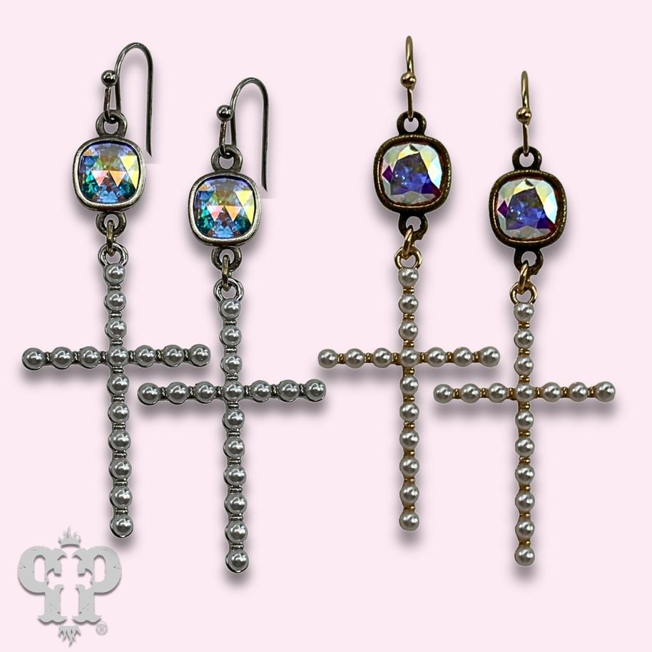 Pearl cross earring with European crystals
