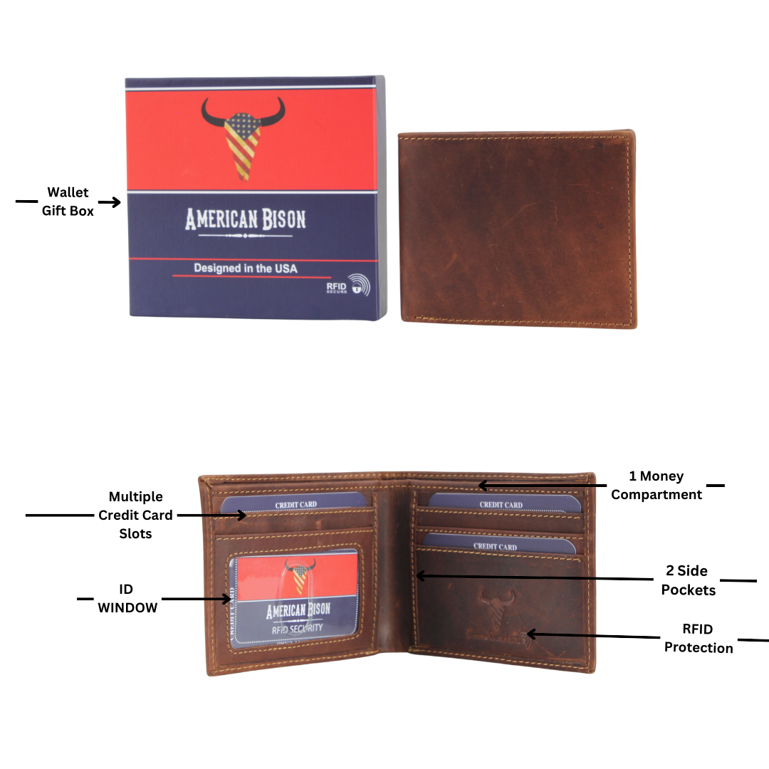 American Bison RFID Leather Bi Fold Wallet