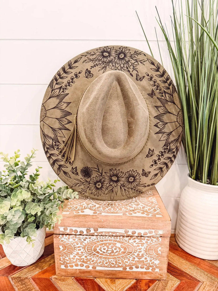 Engraved Floral Rancher Hat, Full Brim