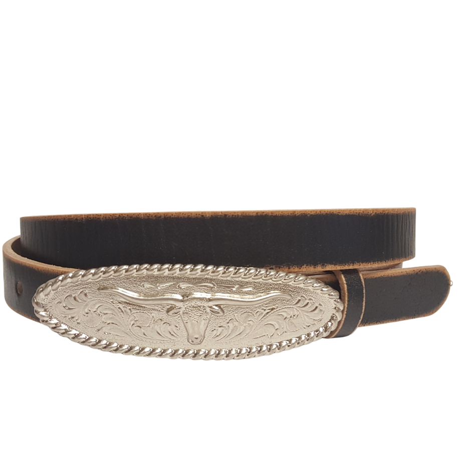 Vintage Skinny Black Leather Belt w. Long horn Buckle
