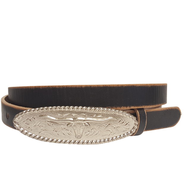Vintage Skinny Black Leather Belt w. Long horn Buckle