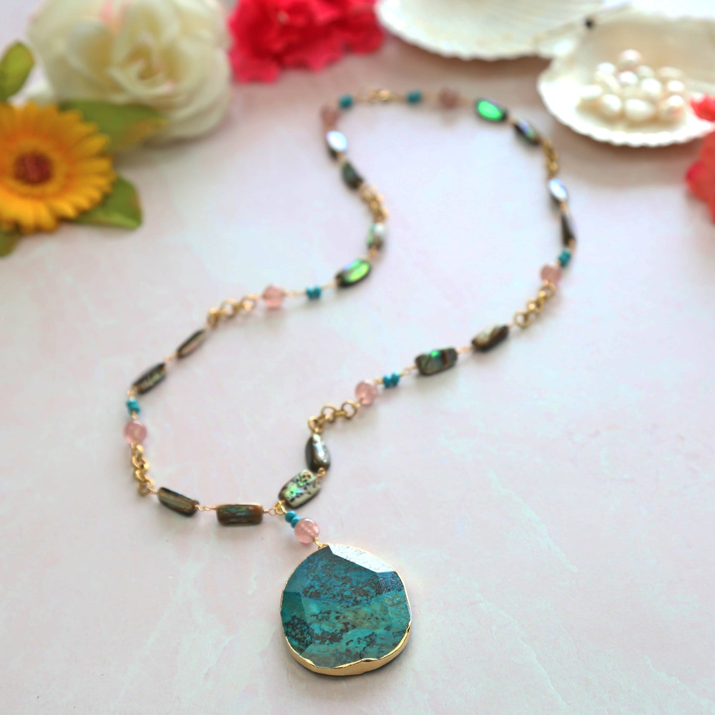 Ocean Jasper With A Abalone Pendant Necklace.