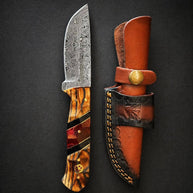 Damascus Drop Point Knife | Bocote Wood & Ruby Red Resin Handle