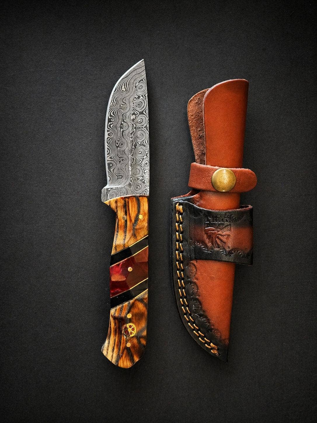 Damascus Drop Point Knife | Bocote Wood & Ruby Red Resin Handle
