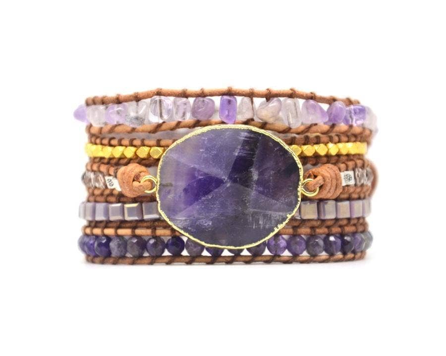 Amethyst Gemstone Leather Wrap Bracelet, Boho Beaded Strap