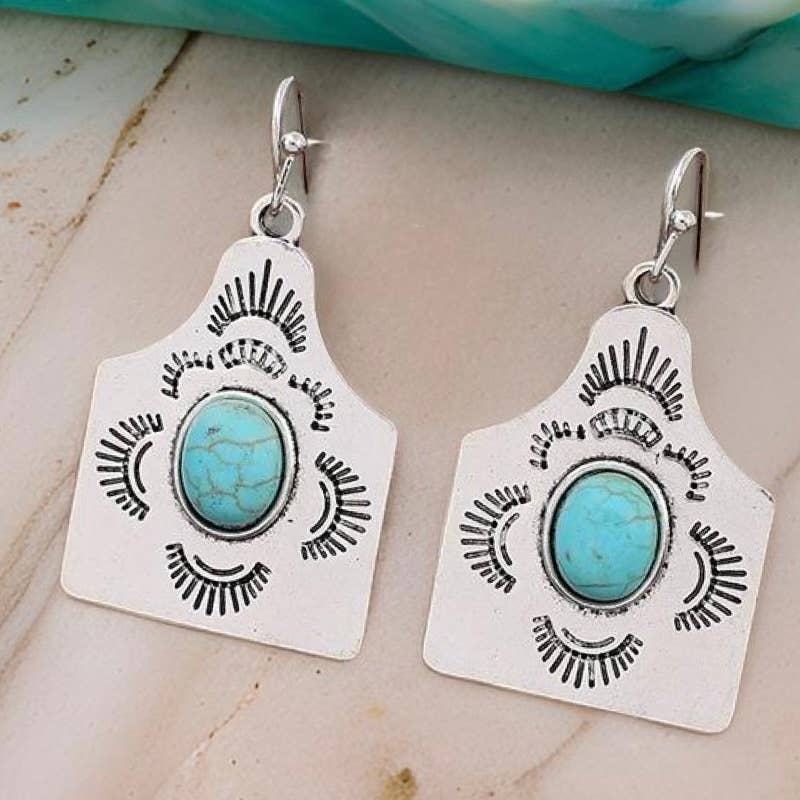 Cow Tag Faux Turquoise Silver Western Earrings