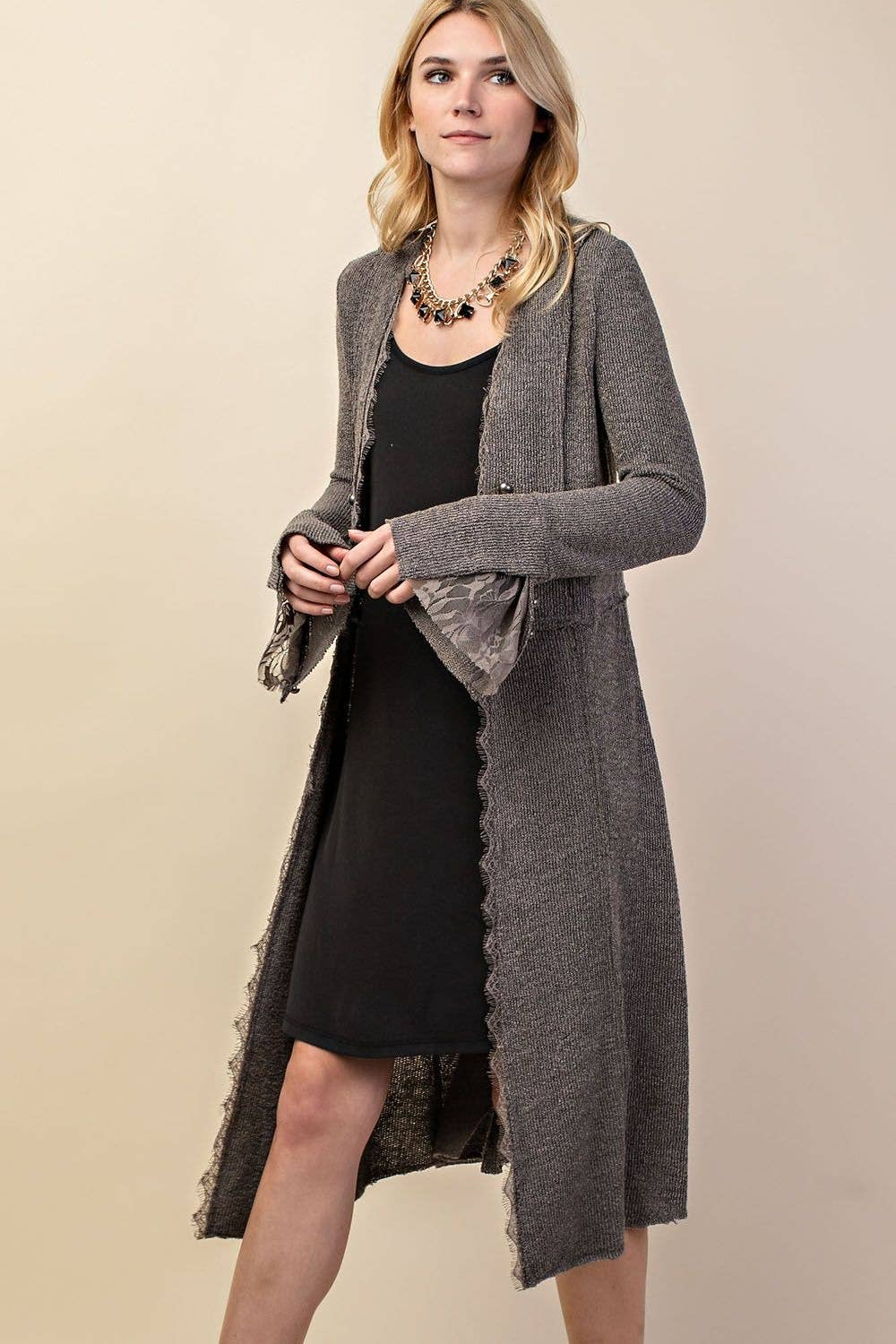 Knit Long Jacket / Cardigan With Buttons and Bell Sleeves, S-3X