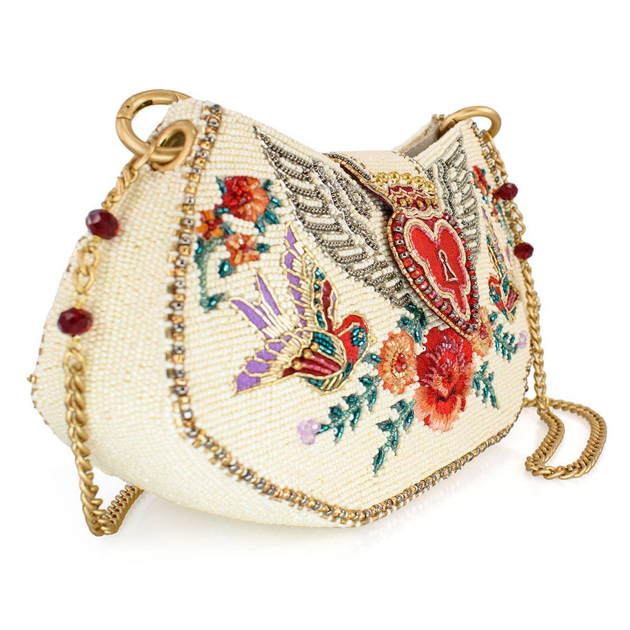 Keepsake Beaded Heart Wings and Lock Crossbody Handbag