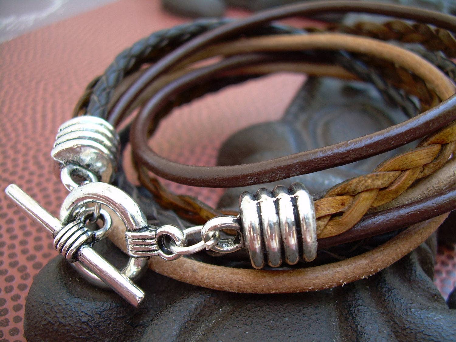 Four Strand Double Wrap Leather Bracelet, Toggle clasp