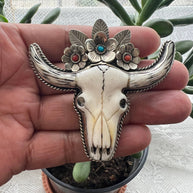 Large Hand  Bone Carved Bull Head, Tibetan Repousse Silver