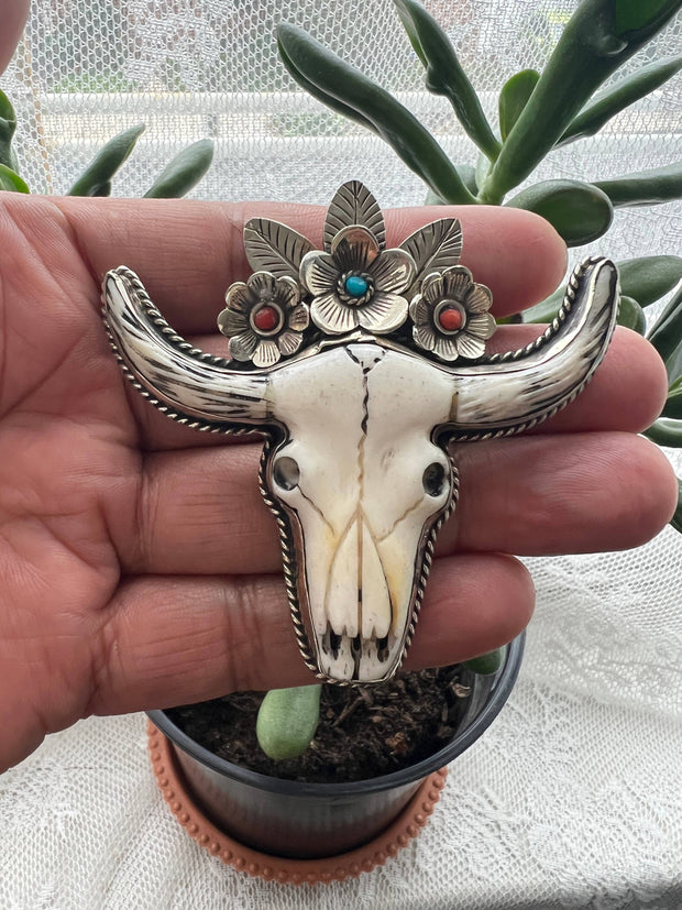 Large Hand  Bone Carved Bull Head, Tibetan Repousse Silver
