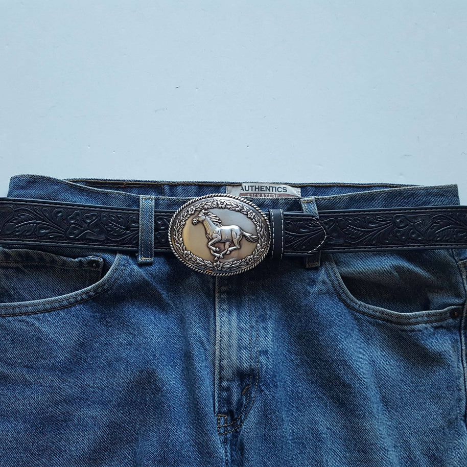 Silver Western Galloping Horse w. floral tooled belt