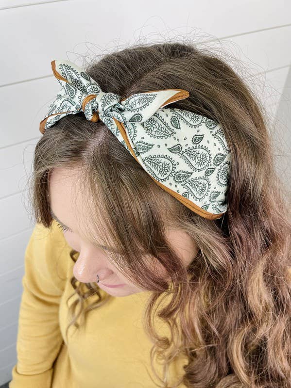 Olive Paisley Boho Satin Scarf Bow Knot Headband