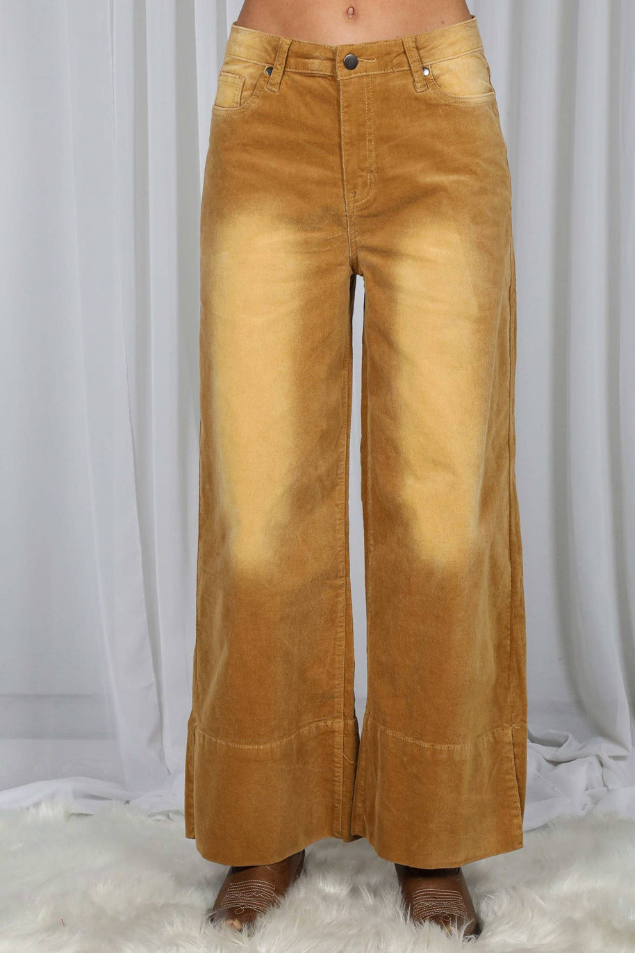 Stone Washed Cotton Corduroy Cropped Pants