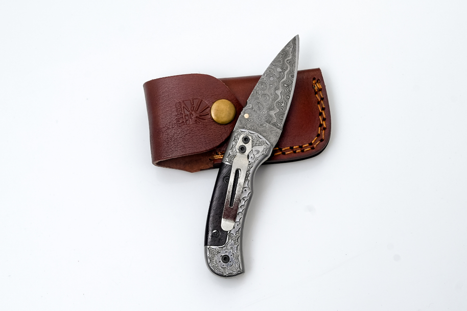 Damascus Pocket Knife Engraved Bolster, Dark Wood Handle