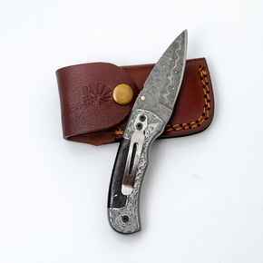 Damascus Pocket Knife Engraved Bolster, Dark Wood Handle
