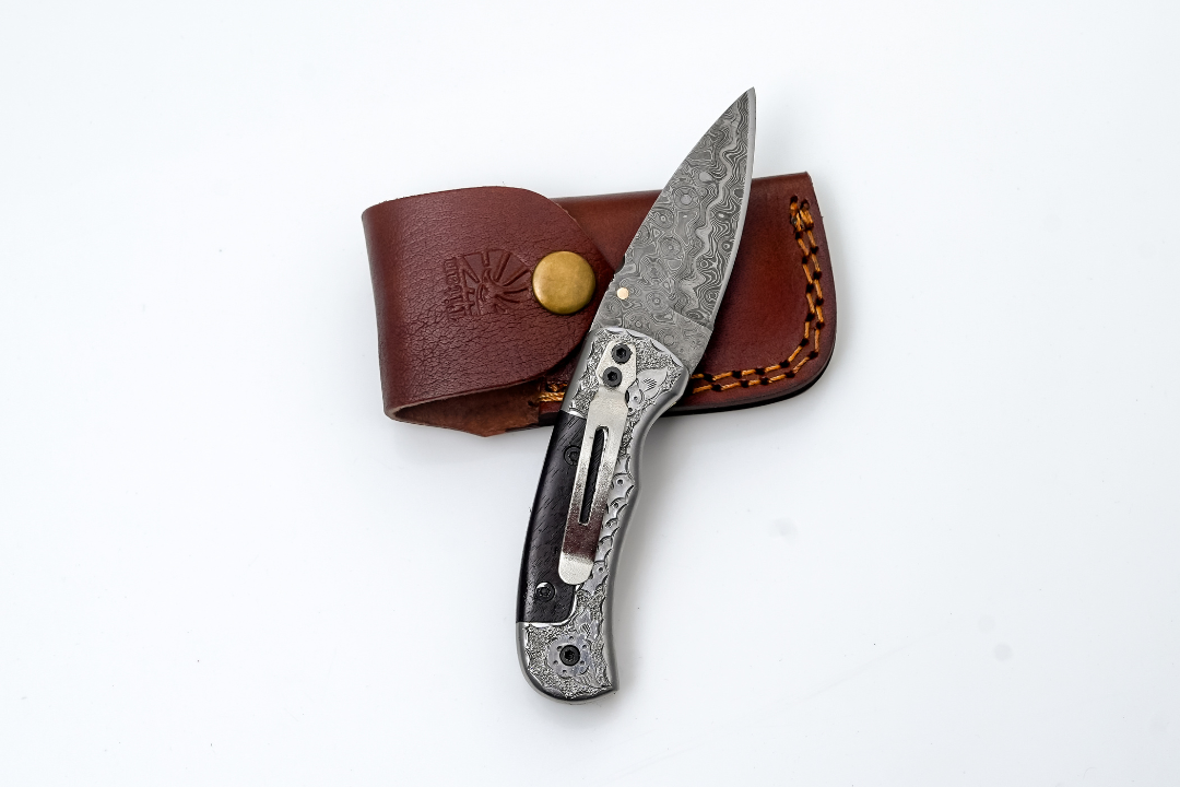 Damascus Pocket Knife Engraved Bolster, Dark Wood Handle
