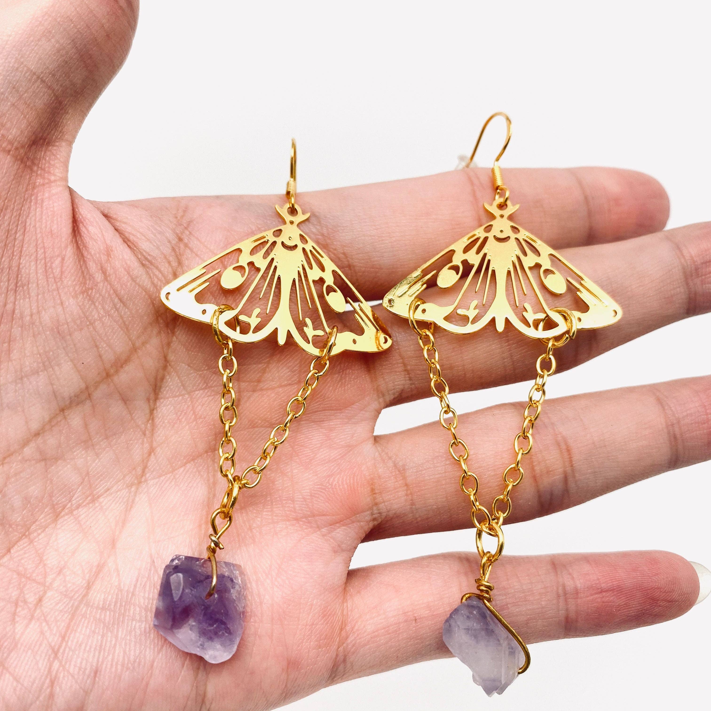 Bohemian Golden Hollow Butterfly Tassel Long Chain Amethyst Earrings