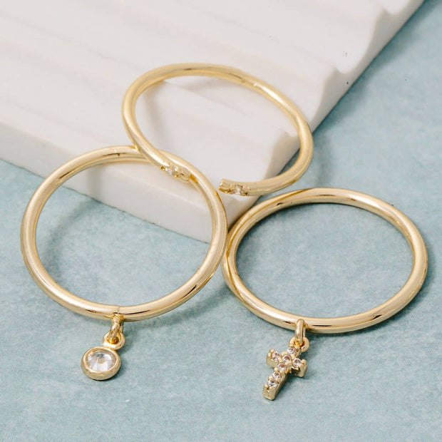 Gold Dipped 3Pc Cross Charm Rings Set