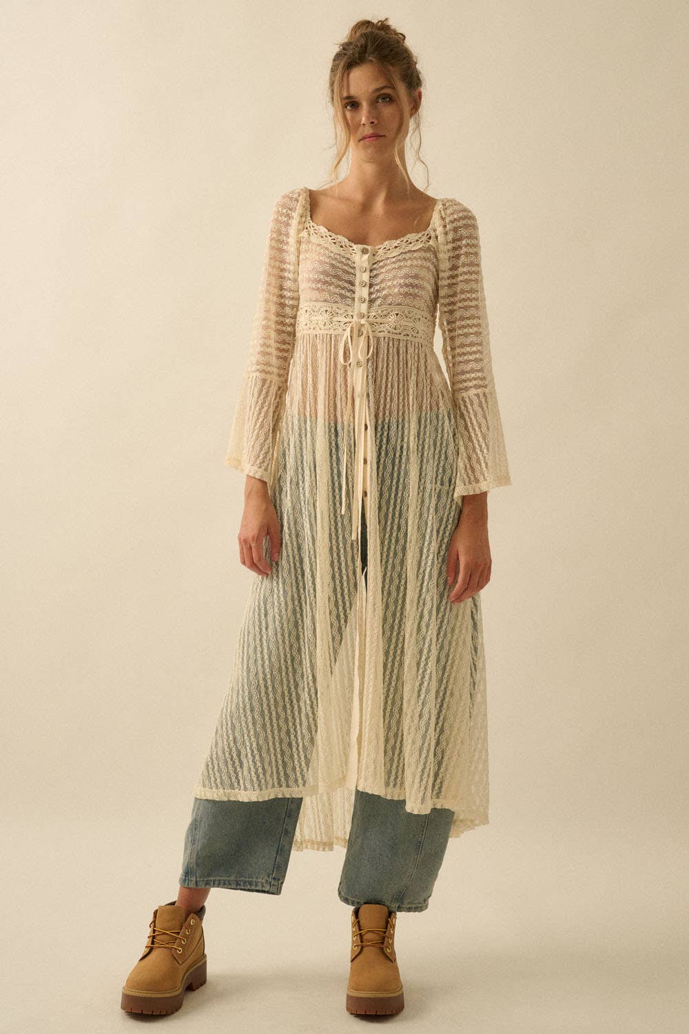 Sheer Layering Midi Dress/Duster, Natural