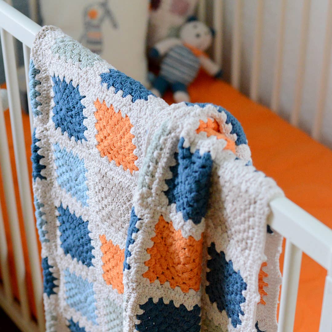 Handmade Granny Square Baby Blanket, Blue & Orange