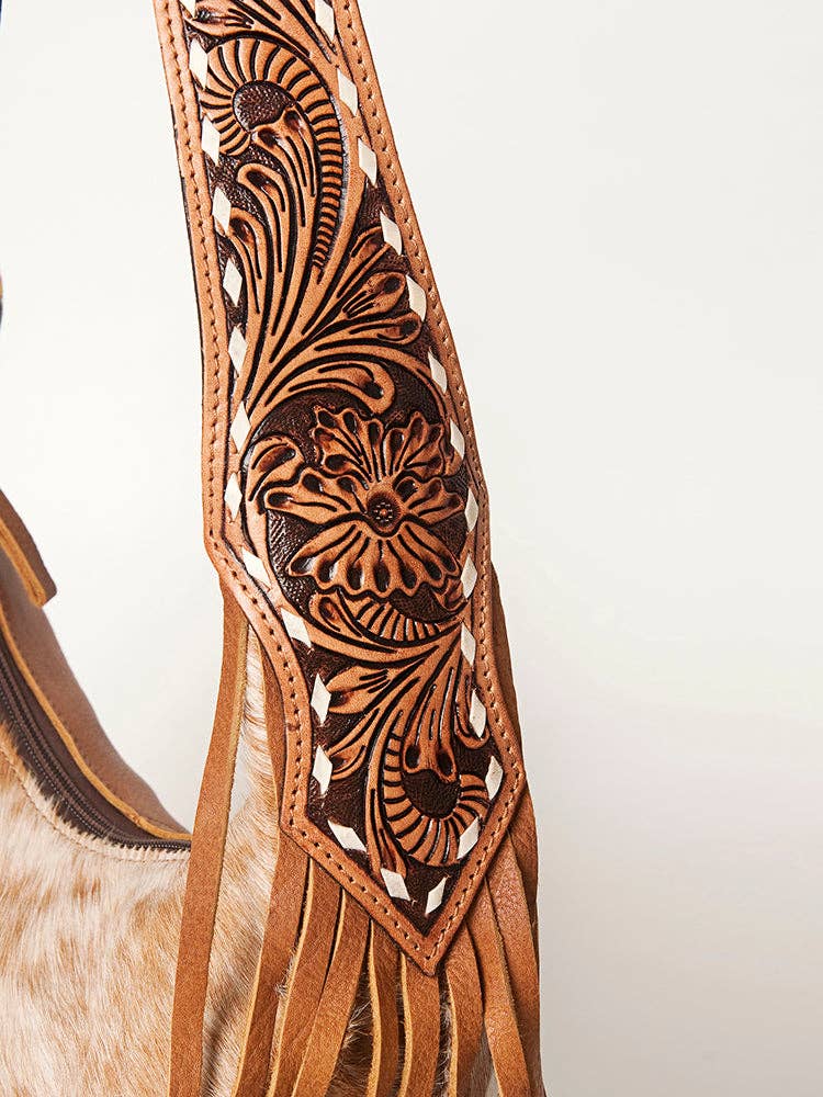 American Darling Hobo Bag Light Hair-On Hide with Tooled Leather Strap & Fringe