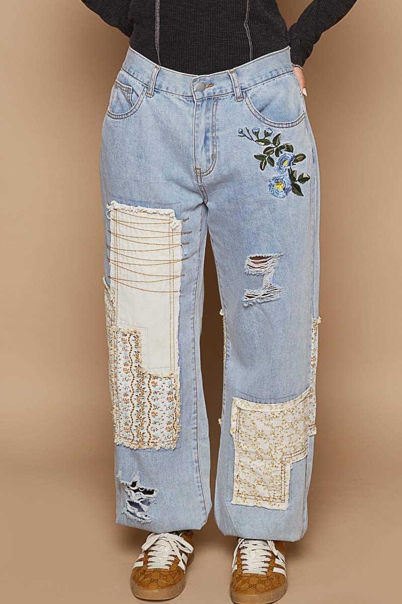 Embroidered Patchwork detail Jogger Pants