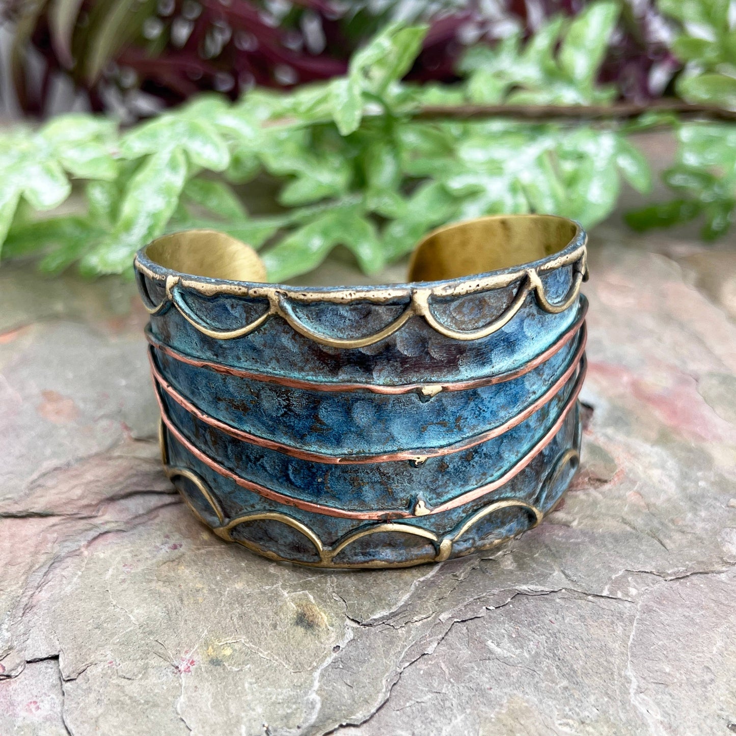 Brass Patina Cuff Bracelet - Rustic Blue Rushing River