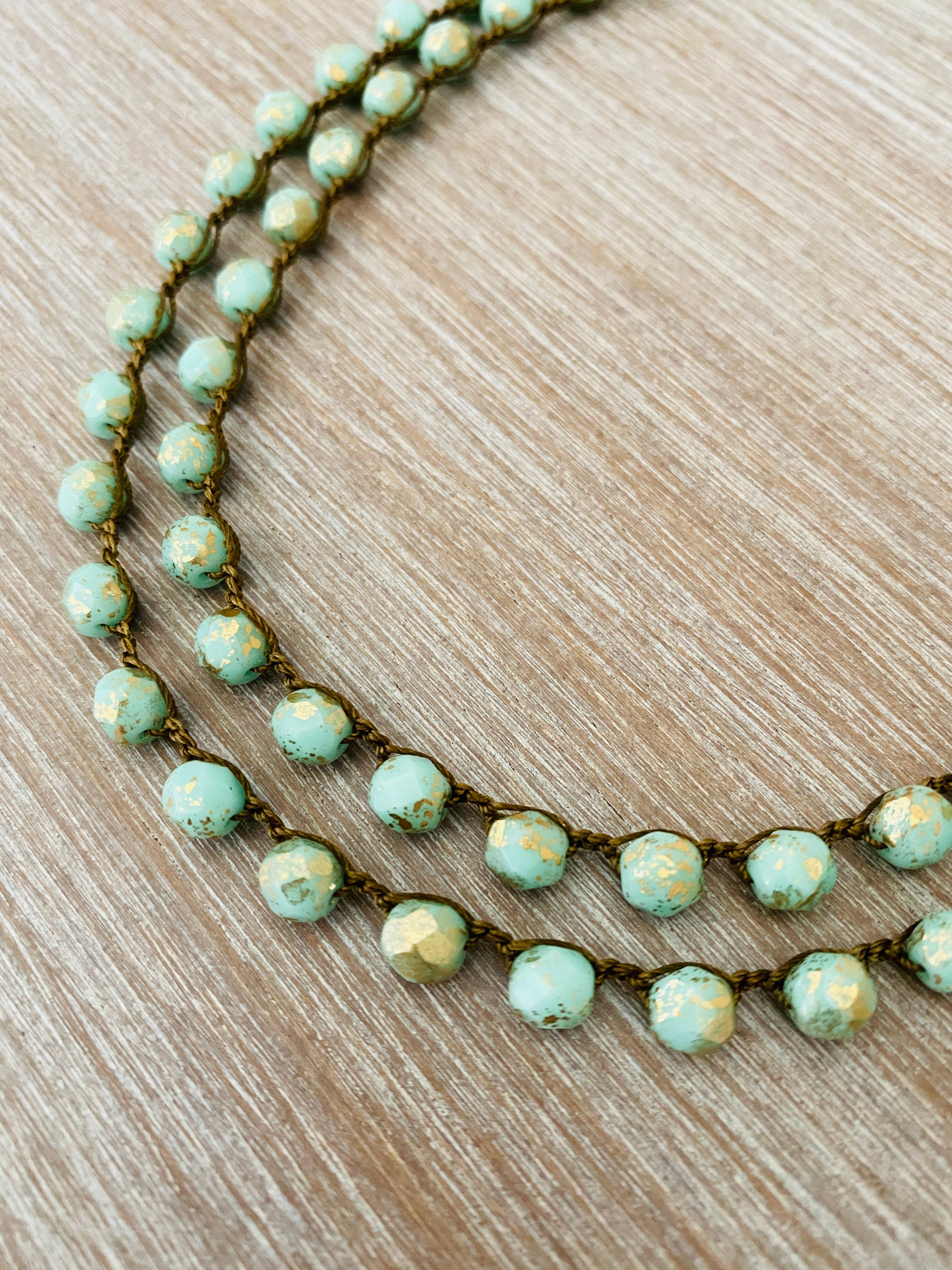 Long Golden Mint Crystal Necklace To Wear Long or Wrapped