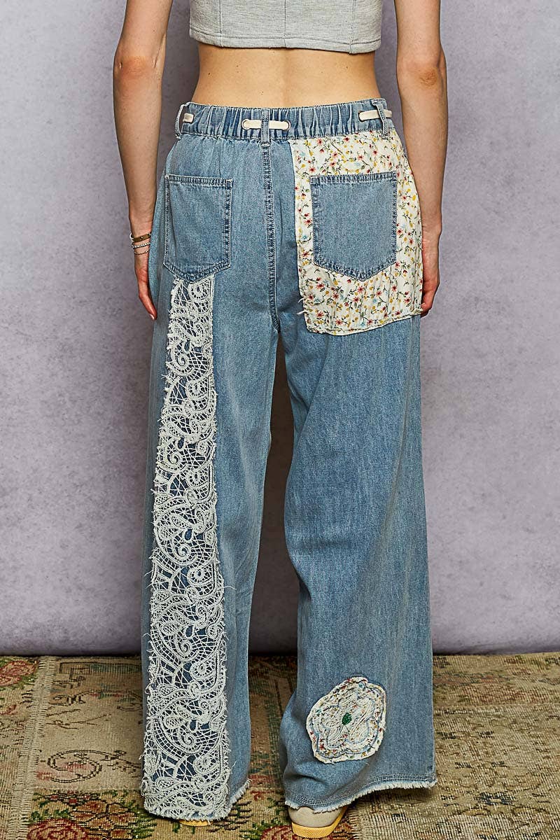 Drawstring Floral Patch Jeans