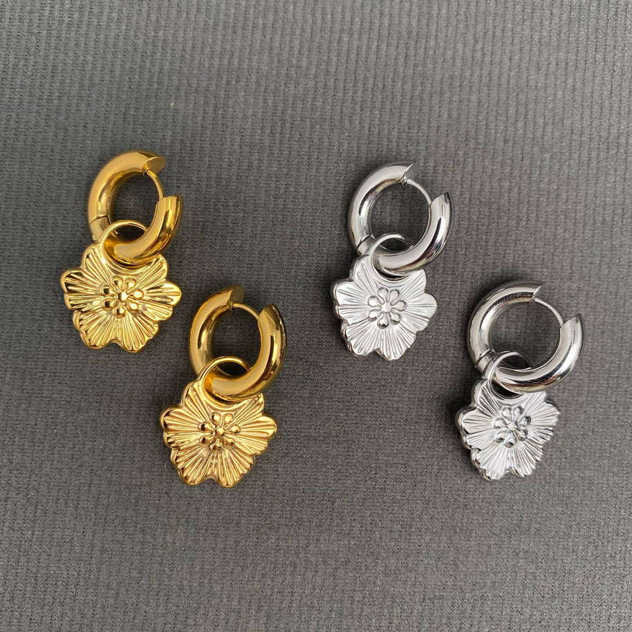 18K GP S. Steel Flower Huggie Earrings