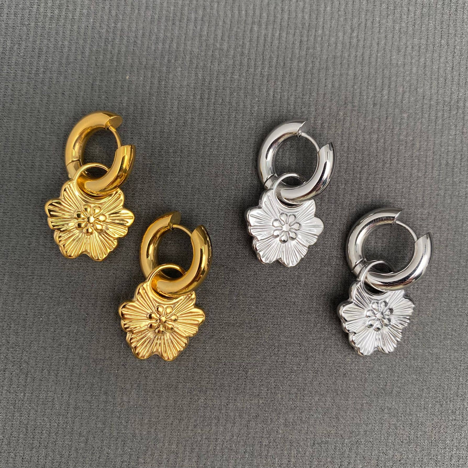 18K GP S. Steel Flower Huggie Earrings
