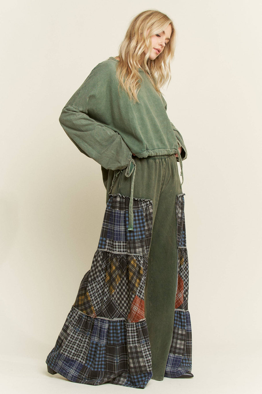 Mineral Washed Tiered Plaid Wide Flare pants HP6675