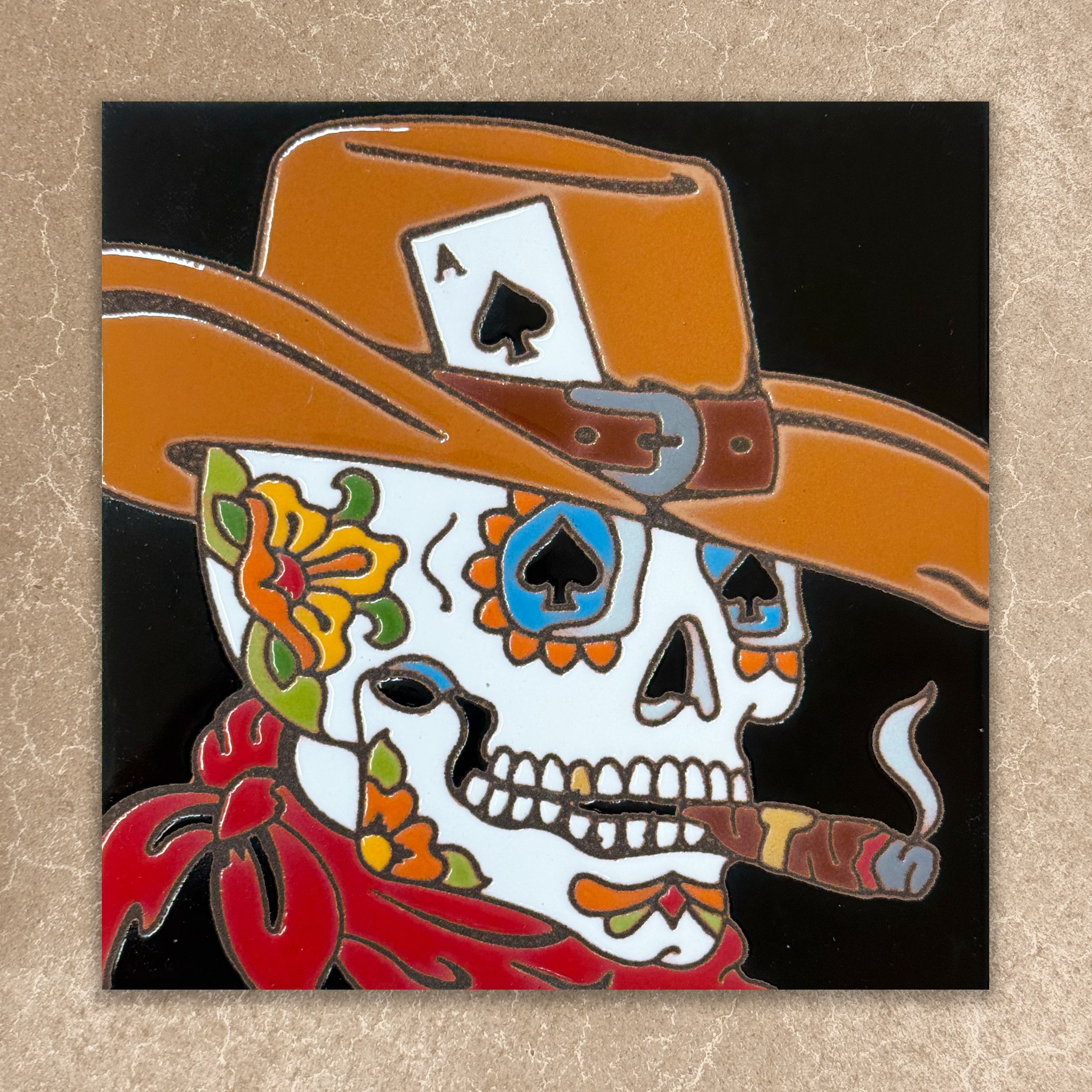 Day of the Dead Cowboy Sugar Skull Tile (7886)