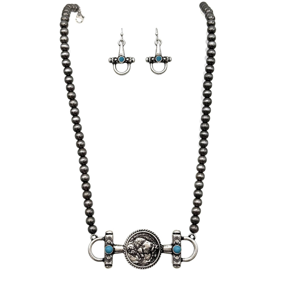 Horsebit Buffalo Coin Western Necklace Earrings Set